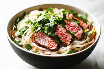 Delicious Vietnamese pho with thin rice noodles and slices of rare beef topped with fresh herbs against a clean white background