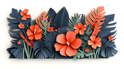 Tropical floral in paper art style and pastel color tropical green leaf paper cut concept design