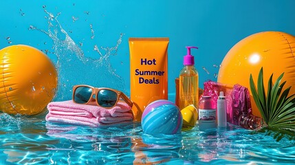  Vibrant summer essentials, including sunscreen, sunglasses, towels, and beach balls splashing in pool water, promoting fun, tropical vibes, and seasonal "Hot Summer Deals."