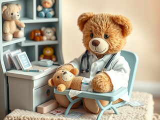 Teddy bear doctor with a stethoscope in a fuzzy setting.