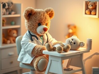 Teddy bear doctor with a stethoscope in a fuzzy setting.