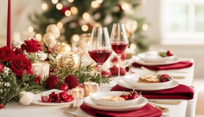 Fototapeta premium Elegant Christmas Table Setting with Red and Gold Accents