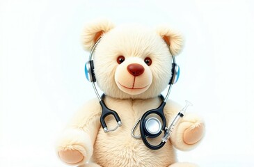 Teddy bear doctor with a stethoscope in a fuzzy setting.