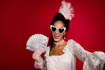 Photo of aristocrat lady making selfie hold money fan enjoying difference from past time to modern...