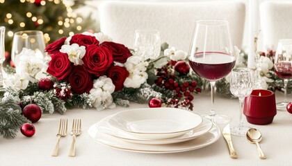 Fototapeta premium Elegant Christmas Table Setting with Red Roses and Festive Decorations
