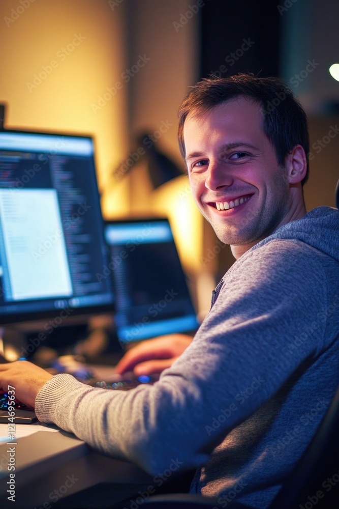 Poster a person sitting in front of a computer screen with a serious expression, suitable for illustrations