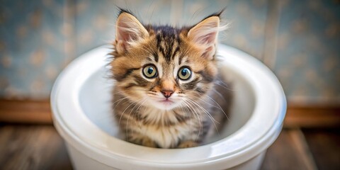 Adorable Kitten Using Toilet: Hilarious Pet Hygiene Stock Photo