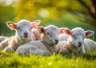 Fototapeta premium Adorable Lambs Sleeping Peacefully in a Field - Cute Farm Animals Resting