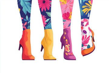 Shoe, boots, footwear. Women, female, girls shoes. Feet, legs walking in elegant closed toe high heel shoes pump and colored print socks. Fashion style shoe . Color Isolated flat vector illustration