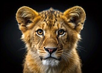 Fototapeta premium Adorable Lion Cub Portrait: Close-Up Face on Black Background - Wildlife Stock Photo