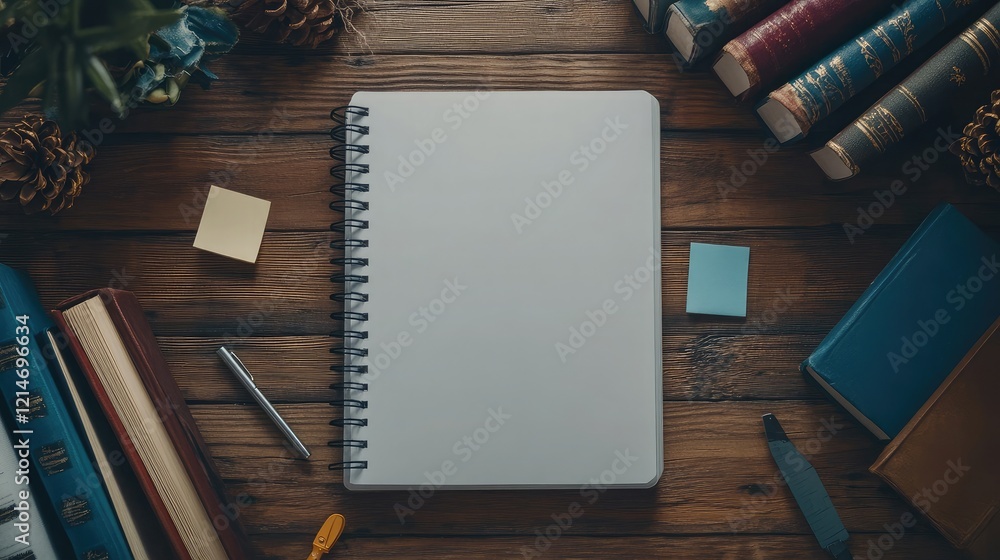 Poster a blank notebook with a paperclip and sticky notes attached, placed beside a stack of books on a woo