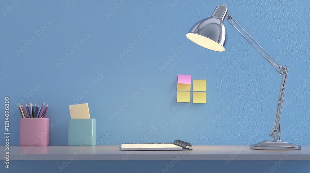 Poster a clean desk with a notebook, sticky notes, and a modern desk lamp illuminating the setup