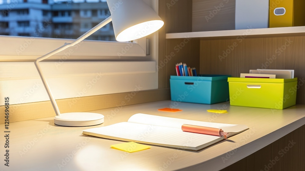 Poster a clean desk with a notebook, sticky notes, and a modern desk lamp illuminating the setup