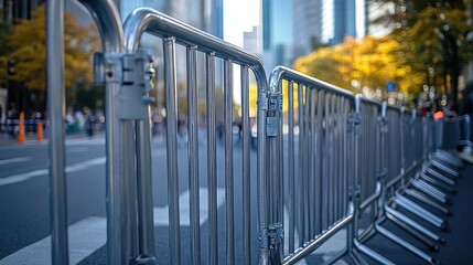  Steel barricades lining urban street with autumn trees and blurred skyscrapers in background, symbolizing public safety, security measures, or preparation for events in busy cities.