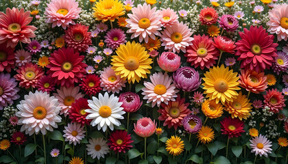 A dynamic floral wall filled with blooming chrysanthemums, daisies, and other wildflowers, bursting with radiant colors and natural beauty.