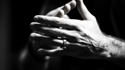 Close-up black and white image of a man's hands clasped together, showing detail of veins and a wedding ring.