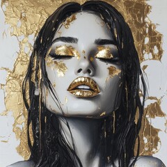 A woman with gold makeup and dark hair.