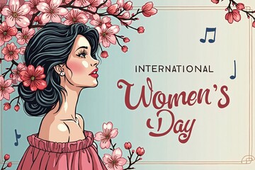 Illustration Celebrate International Women's Day with illustrated woman, Flowers, Notes