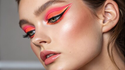 Fototapeta premium A closeup of neon coral eye makeup that sweeps across the eyelids and into a bold flick. The models face and simple setting draw all attention to the lively hues and artistic