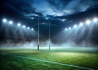 Surreal Night Rugby Stadium: Fog, Lights, and Goal Posts