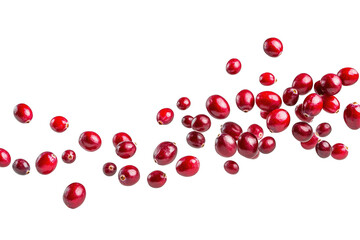 A bunch of red cranberries are scattered across. ,on transparent background.
