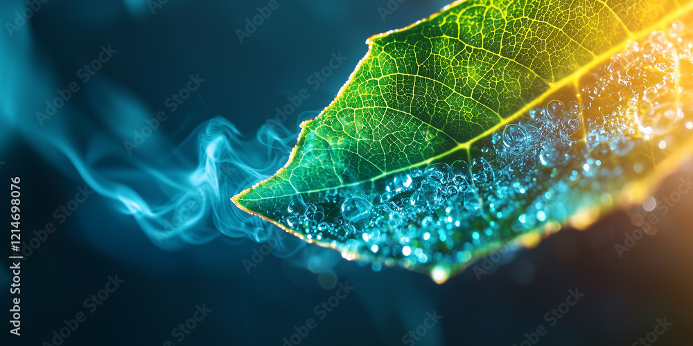Poster macro shot of vibrant leaf with dewdrops and misty background