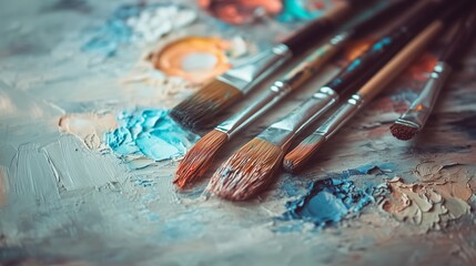 Obraz premium Close-up of vibrant paintbrushes resting on a textured artist's palette, showcasing a blend of vivid paint colors.