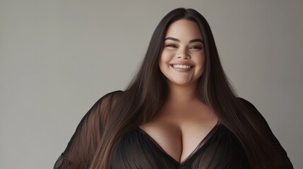Naklejka premium Confident woman with long dark hair and vibrant smile, wearing a black sheer top against a neutral background.