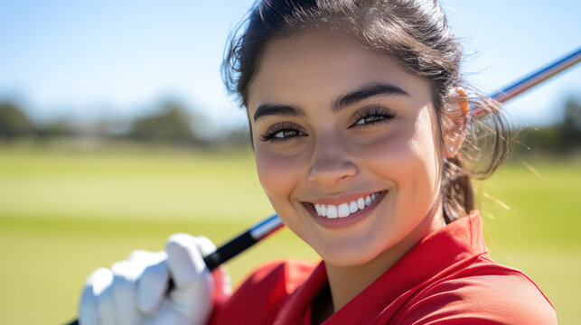 Hispanic golfer woman exercise at green grass field at golf driving range