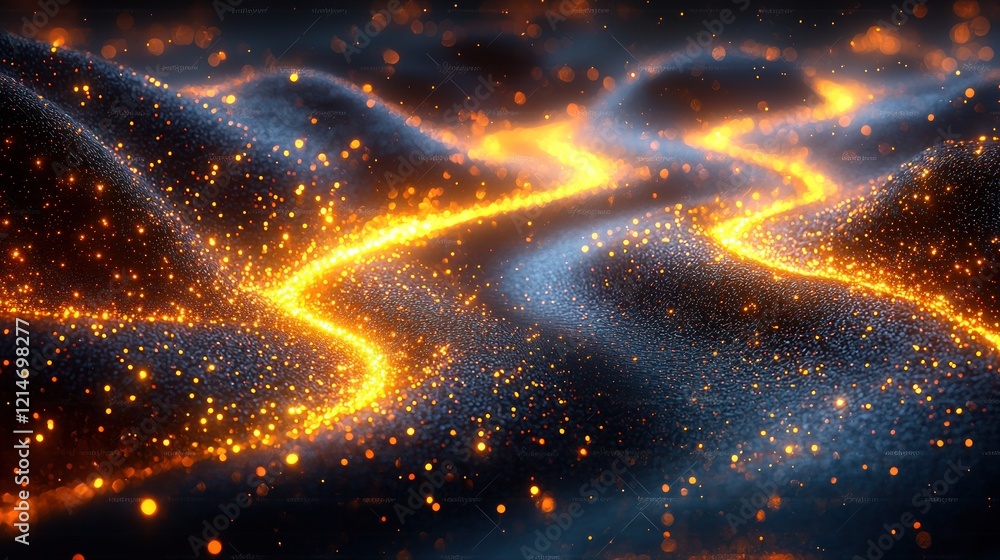 Poster dynamic abstract background with glowing particles and flowing waves
