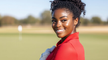 African golfer woman exercise at green grass field at golf driving range