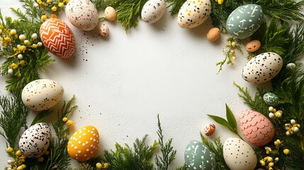 Decoratively painted Easter eggs surrounded by green foliage and small yellow flowers, creating a festive and spring-themed border.