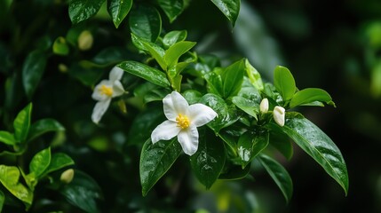 Flowering plant showcases its delicate blooms, with vibrant petals and lush green leaves enhancing its natural charm.
