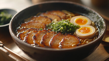 Ramen bowl with pork, eggs, and scallions.