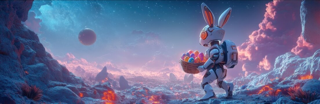 Robotic Easter Bunny on Alien Landscape with Glowing Eggs - Sci-Fi Holiday Concept