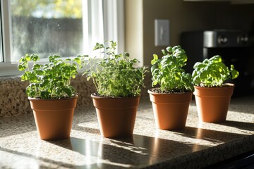A group of small potted plants sit on a counter, waiting to be tended