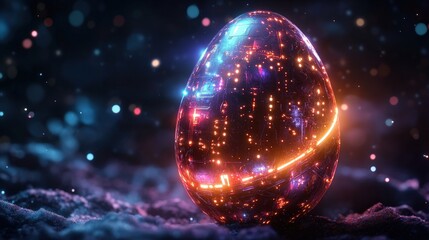Cybernetic Easter Egg: Futuristic Metallic Design with Holographic Patterns and Neon Lights on Starry Background