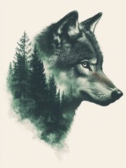 Artistic wolf portrait with forest silhouette.