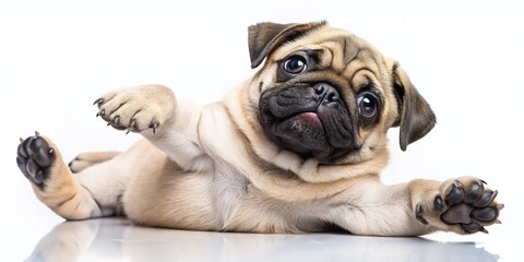Obraz premium Adorable Pug Puppy Playfully Waiting for Belly Rubs - Minimalist White Background Stock Photo