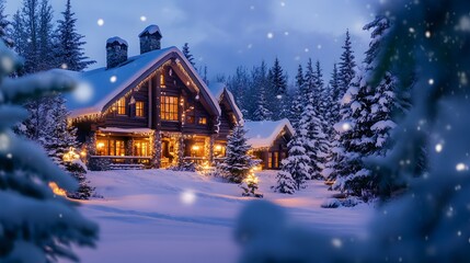Fototapeta premium Cozy winter cabin, wooden lodge illuminated in deep snow, surrounded by evergreen trees, perfect for holiday gatherings.