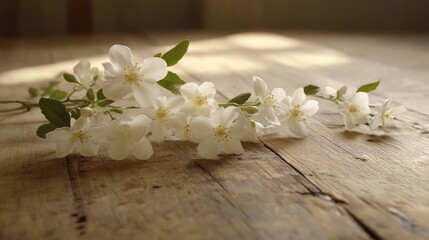 A delicate garland made of white jasmine flowers, lying on a polished wooden surface with intricate details