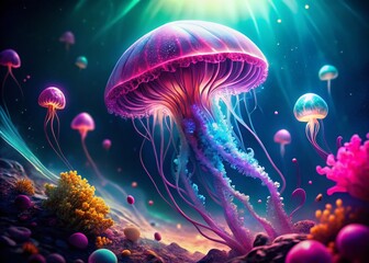 Naklejka premium Surreal Pink Jellyfish: Underwater Fantasy with Glowing Jelly