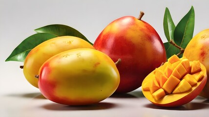 A lifelike 3D image of fresh, ripe mangoes, their vibrant colors and smooth textures highlighted in a close-up against a bright white background.
