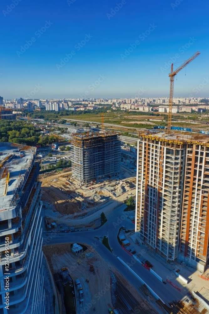 Poster a large building under construction with a crane in the background, suitable for use in architecture