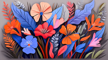 Tropical floral in paper art style and pastel color tropical green leaf paper cut concept design