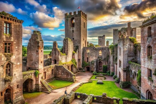 Surreal Raglan Castle Courtyard: Ruined Keep & Gate, Dreamlike Welsh Landscape
