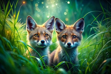 Obraz premium Surreal Red Foxes Peeking from Lush Green Grass - Whimsical Wildlife Stock Photo