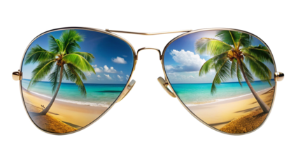sunglasses reflecting tropical beach, transparent background