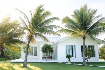 Fototapeta premium A beautiful white house with palm trees in the front yard, suitable for real estate, architecture or travel images