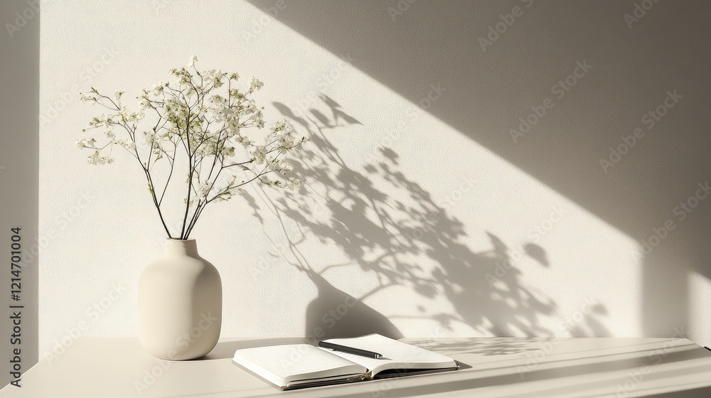 Poster a neatly organized desk with a notebook, ballpoint pen, and a small vase of flowers in a minimalist 